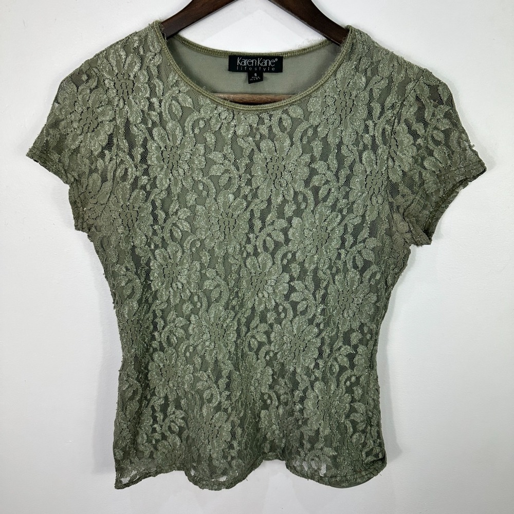 Karen Kane Top S Green Floral Lace Mesh Y2K Boho Whimsigoth Fairy Grunge Vintage